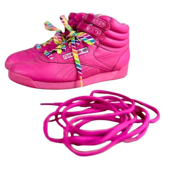 REEBOK CLASSICS 25th ANNIVERSARY Freestyle Hi Pink Rainbow Swirl Lace Sneakers - Picture 1 of 9